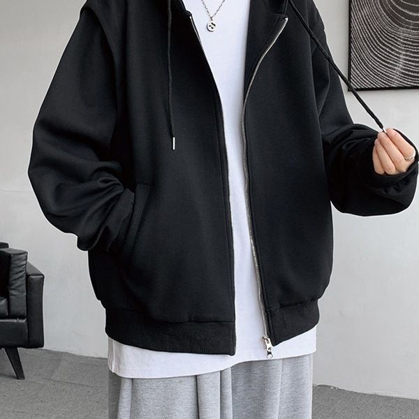 Schwerer Kapuzenpullover mit Reißverschluss für Herren – Doppelreißverschluss, Streetwear-Passform, Übergröße (Grau/Schwarz, S-5XL, Herbst-Casual)_voghion.com