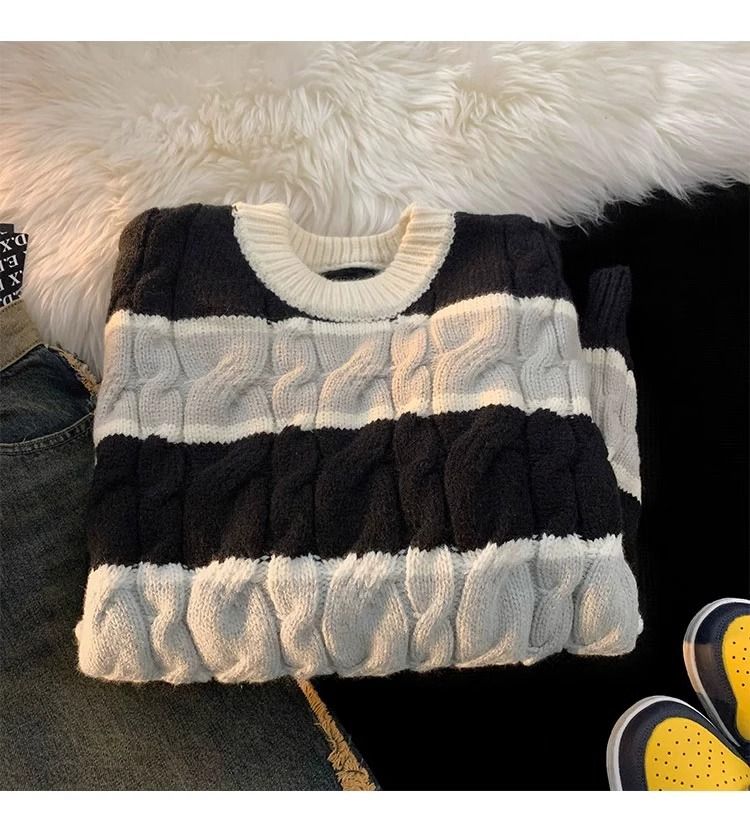 Gestreepte gebreide herentrui – dikke trui met ronde hals van katoenmix (bruin/blauw/zwart, M-XXXL)_voghion.com