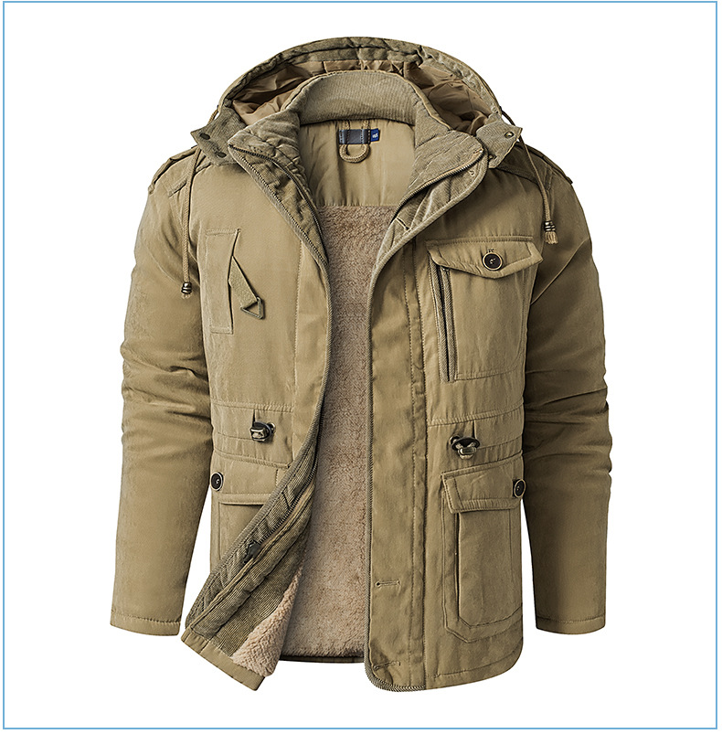 Men's Plus Size Shearling Hooded Cotton Jacket Thickened Multi-Pocket Cotton Top Casual Mid-Length Coat_voghion.com