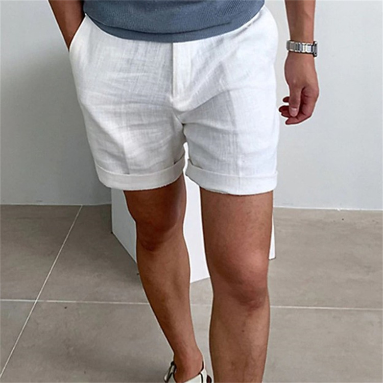 Herren-Shorts aus Leinen mit schrägen Taschen, einfarbig, bequem und atmungsaktiv, für den täglichen Gebrauch im Freien_voghion.com