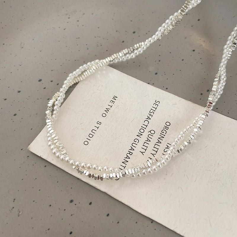 Colier dublu strat cu perle argintii rupte, nișă feminină, personalitate retro, simplu și versatil, colier cu temperament, lanț de claviculă_voghion.com