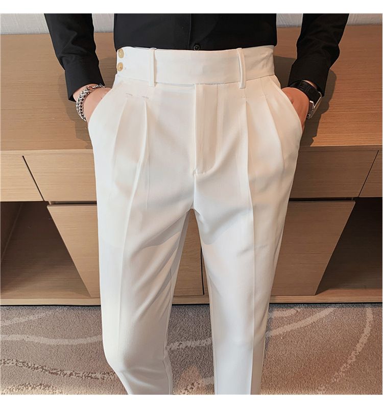 Pantaloni napoletani da uomo nuovi di zecca, in twill strutturato, con vita a pieghe, design casual a nove punte, vita media e alta_voghion.com