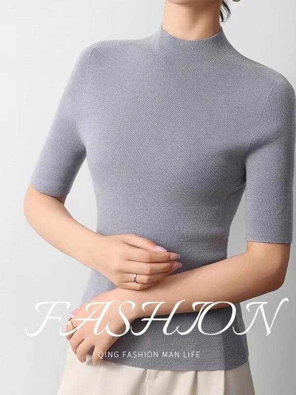 Summer German Yangzi Yarn Island Fine Seamless 100 Half Turtleneck Base Shirt High-End Feel Mid-Sleeve Wool Sweater_voghion.com
