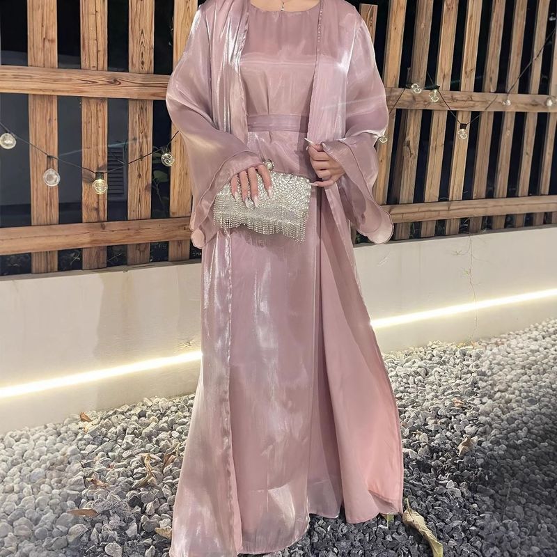 Women's Muslim Clothing Long Two-Piece Set Dress Shiny Silk Robe Abaya_voghion.com