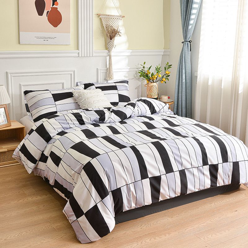 Modischer Bettbezug mit geometrischem Muster in Schwarz und Weiß, 3-teiliges Bettwäscheset, einfacher Bettbezug im Dreifarb-Nähte-Stil mit Kissenbezug_voghion.com