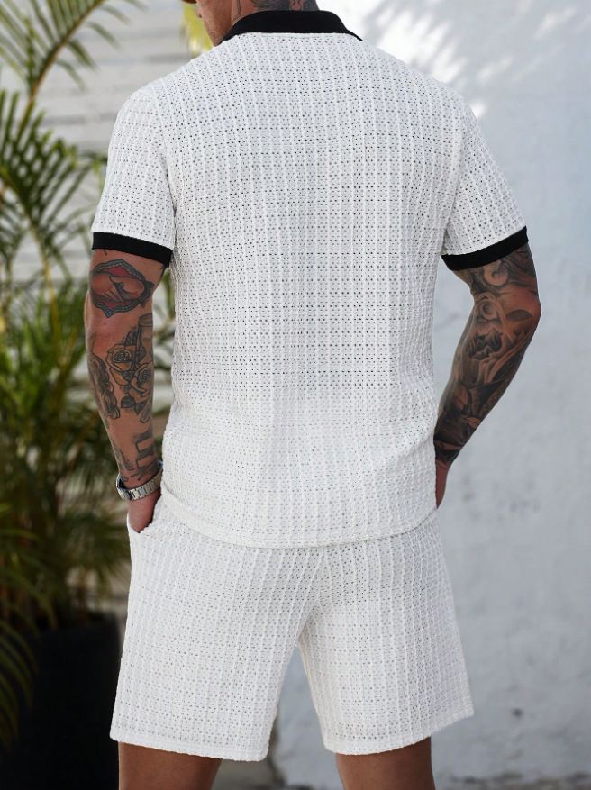 Men's Hollow Color Matching Short Sleeved Shorts Casual Sports Suit_voghion.com