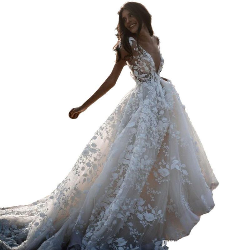 A-Linie V-Ausschnitt Bohemian Brautkleider Vintage Spitze Ballkleider Spitze Brautkleider Solitaire Trainer Korsett Boho Vestidos De Novia_voghion.com