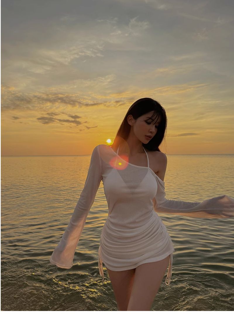 Maillot de bain deux pièces pour femme, modèle niche, simple et sexy, manches longues, épaules dénudées, cache-ventre, amincissant, source chaude_voghion.com