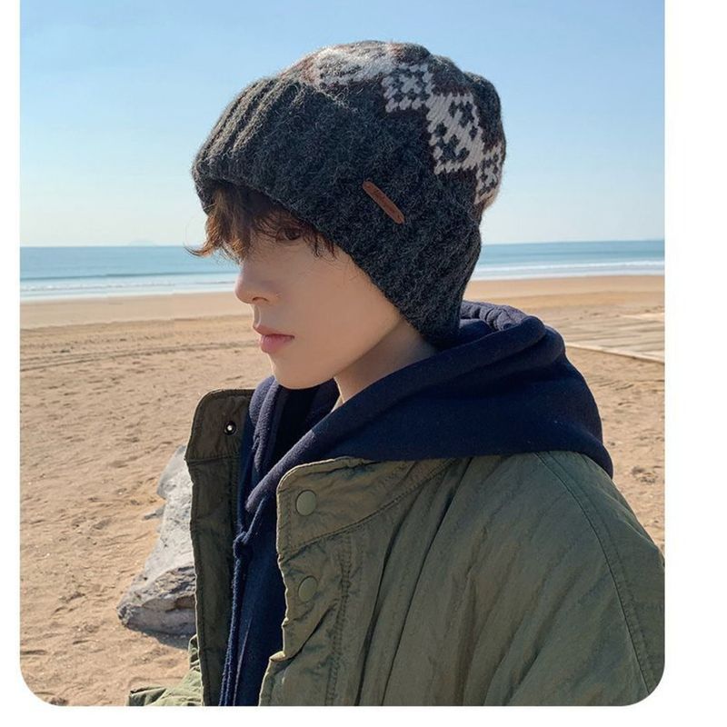 Fleece-Lined Knitted For Men Fair Isle Knit Head Wrap Black Cold Autumn Winter Men's Wool Hat_voghion.com