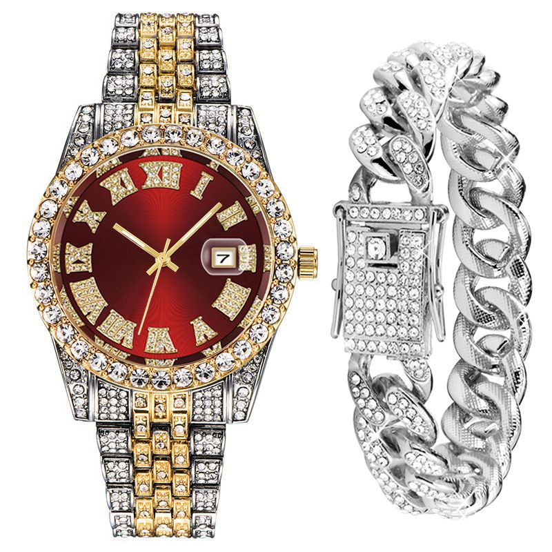 Ensemble de bijoux 2 pièces/ensemble Montre homme diamant tendance hip-hop performance grand cadran_voghion.com