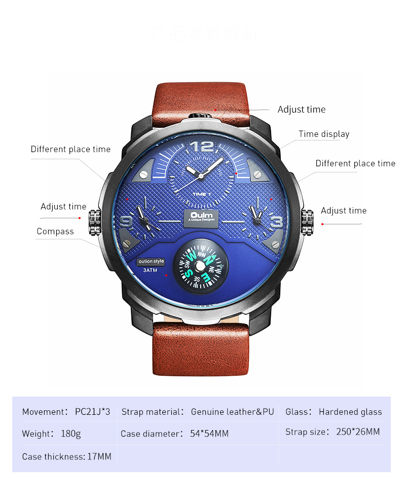 Men's Stylish Sports Quartz Watch With Compass & GMT Function, Large 54mm Dial, Genuine Leather Strap, Mineral Crystal Multi Time Zone Watch_voghion.com