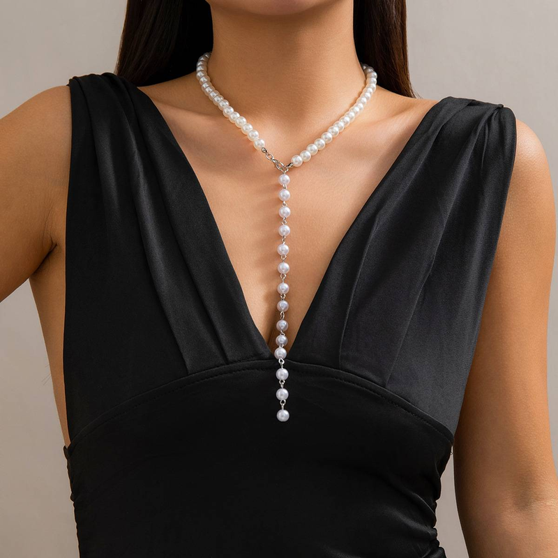 Chaîne de perles rondes Vintage, collier de perles simple, frange de perles, long collier de niche_voghion.com