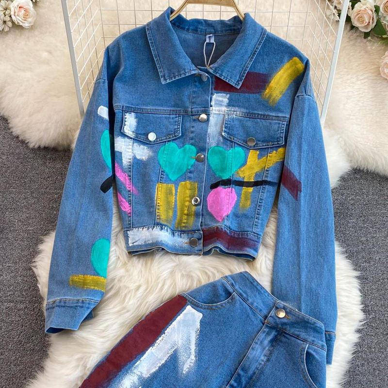 Women's Clothing Temperament Graffiti Denim Jacket Two Piece Suit High Waist A Line Split Skirt Autumn_voghion.com