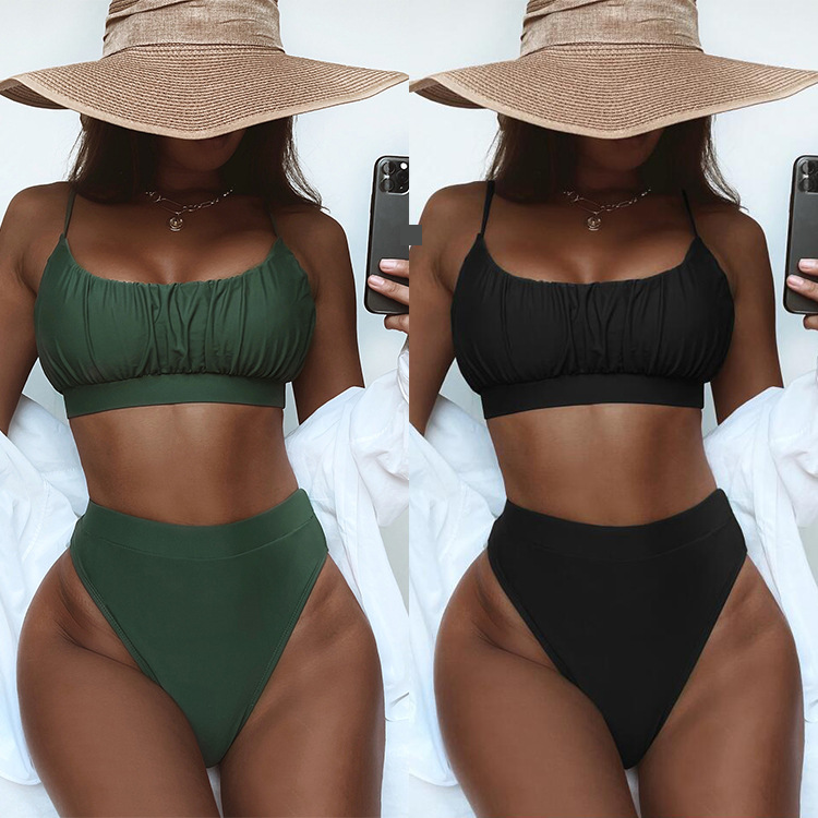 Women's Clothing Split Swimsuit Sexy Swimsuit Solid Color High Waist Bikini_voghion.com
