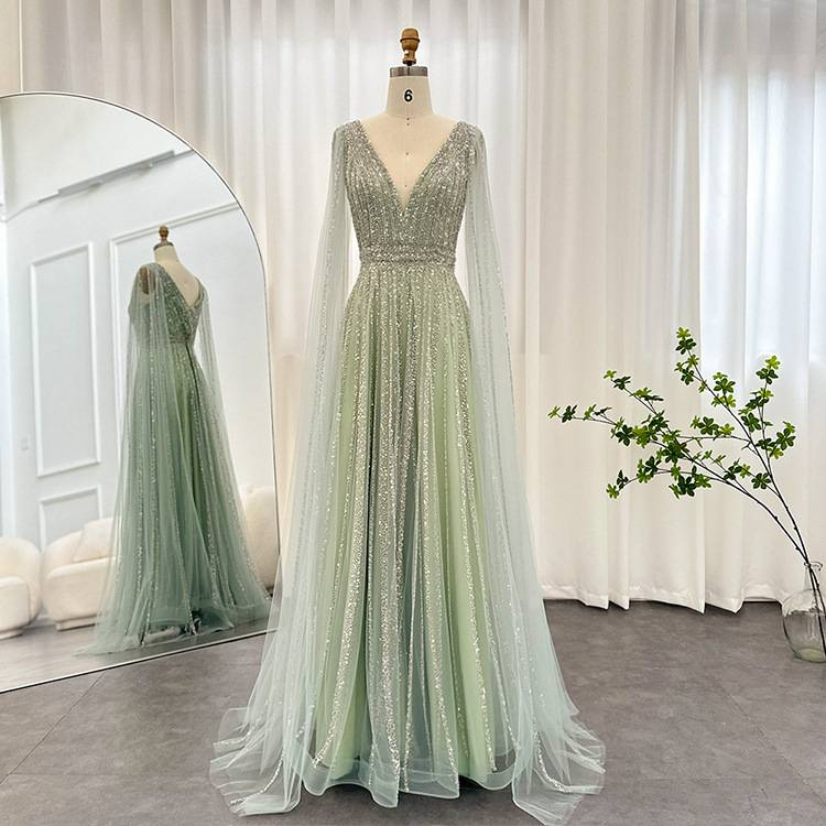 Women's Clothing Luxury Floor-Length Evening Gown With Flowing Sleeves – Slimming V-Neck, Waist-Cinching Design (Champagne/Pink/Blue/Green)_voghion.com