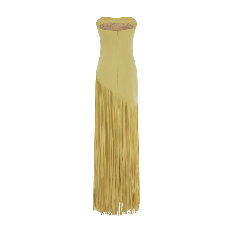 Elegant Tassel-Trim Long Dress – Solid Color Shawl Design Slim Fit Maxi Skirt For Women (S-XL, Yellow)_voghion.com