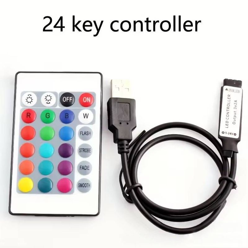 Controlador de tira LED RGB de 5 V con control dual USB RF e IR: control remoto de 24 teclas con conector de 4 pines para iluminación DIY (alcance de 40 m, certificación CE)_voghion.com