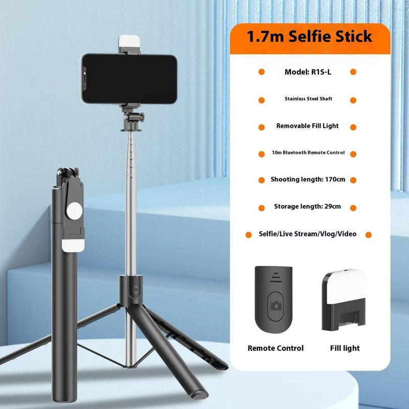 R1-L Ausziehbares Selfie-Stick-Stativ mit Bluetooth-Fernbedienung und LED-Licht, tragbare Telefonhalterung für Reisen, Vlogging, Live-Streaming_voghion.com