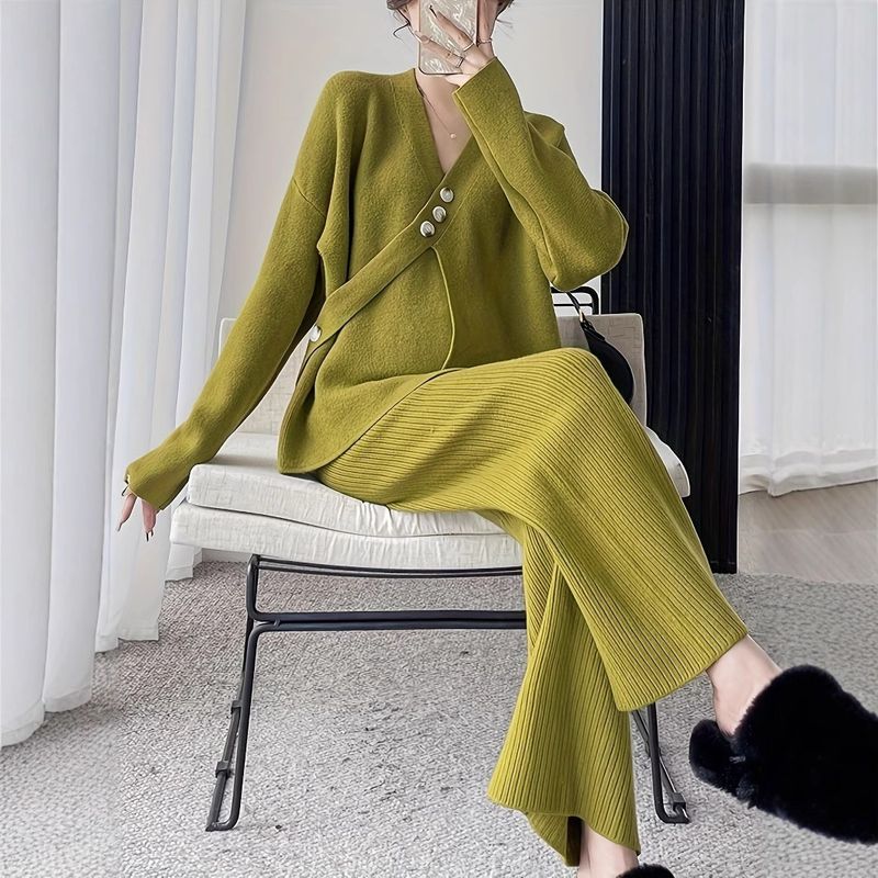 Women's Clothing Elegant Cross-Knit Sweater & Pants Set – Stylish Autumn Winter Outfit In V-Neck & Loose Fit, Soft Viscose Blend Fabric, Green Casual_voghion.com