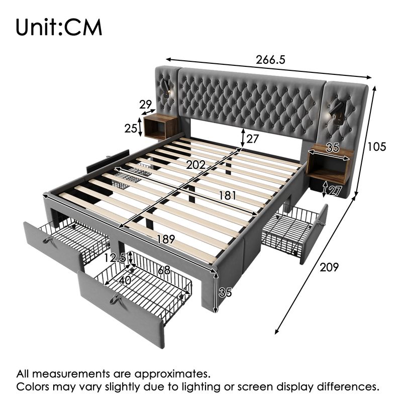 Polsterbett Doppelbett 180×200 Cm Mit 2 Nachttischen Und 4 Schubladen, Kopfteil Leselicht Mit USB Ladefunktion, Grau, Samt (Ohne Matratze)_voghion.com