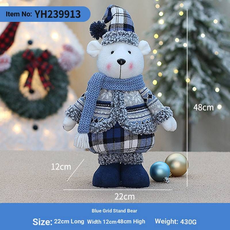 Christmas Bear Plush Toy – Festive Table Decor, Gift & Store Display (Cartoon Style, Soft Fabric, Blue Checkered Scarf, Standing & Sitting Poses)_voghion.com