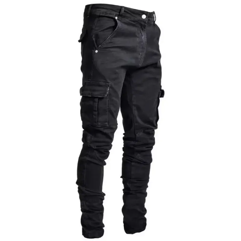 2025 Herren Street Elastic Jeans Jeans Wash Einfarbige Cargohose mit mehreren Taschen Lässige Slim Fit Joggerhose für den Alltag mit mittlerer Taille_voghion.com