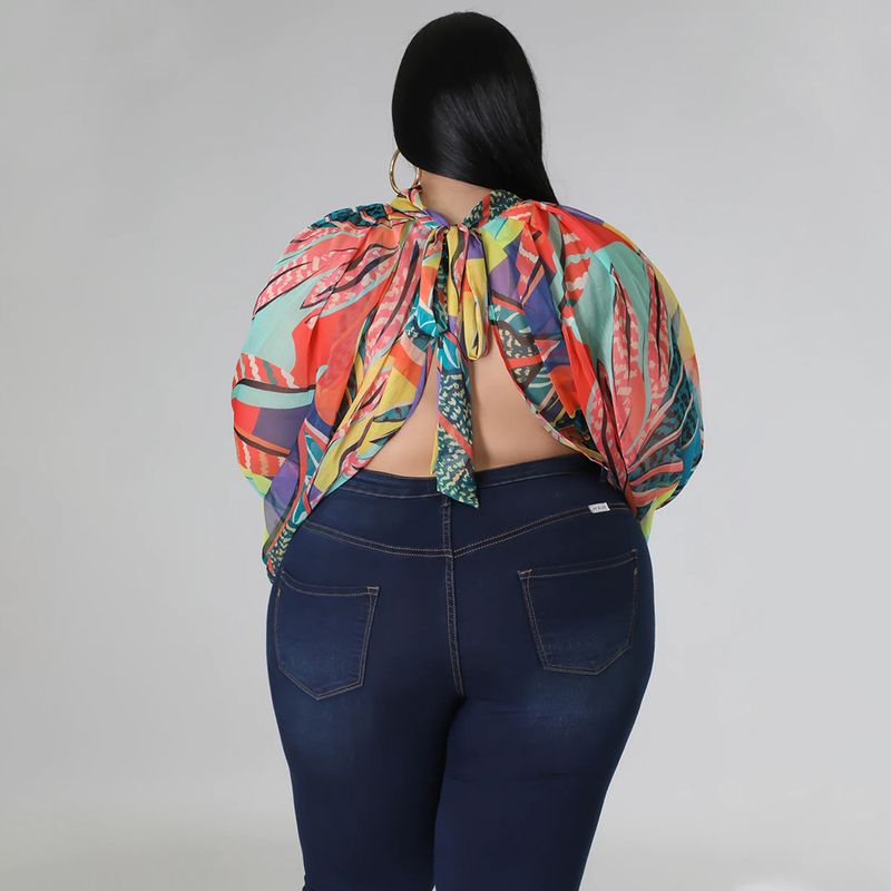 Damen-Oberteil in Übergröße, Übergröße, Damenbekleidung, Rundhalsausschnitt, offener Rücken, Chiffon-Schnüroberteil für Damen_voghion.com