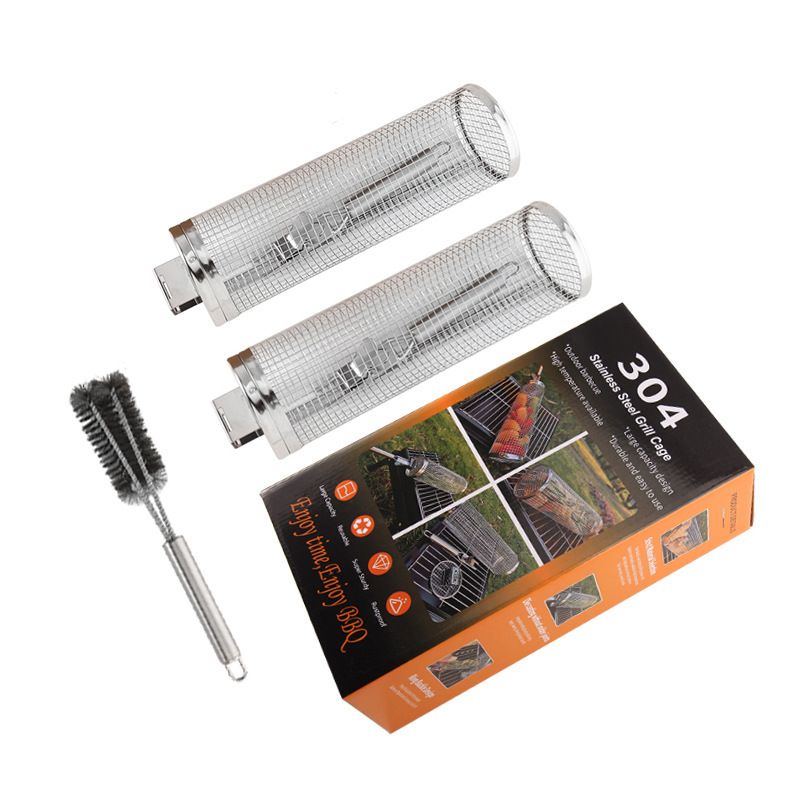BBQ Stainless Steel Rolling Grill Cylinder Grill Net Smoked Barbecue Round Grill Grill Basket_voghion.com
