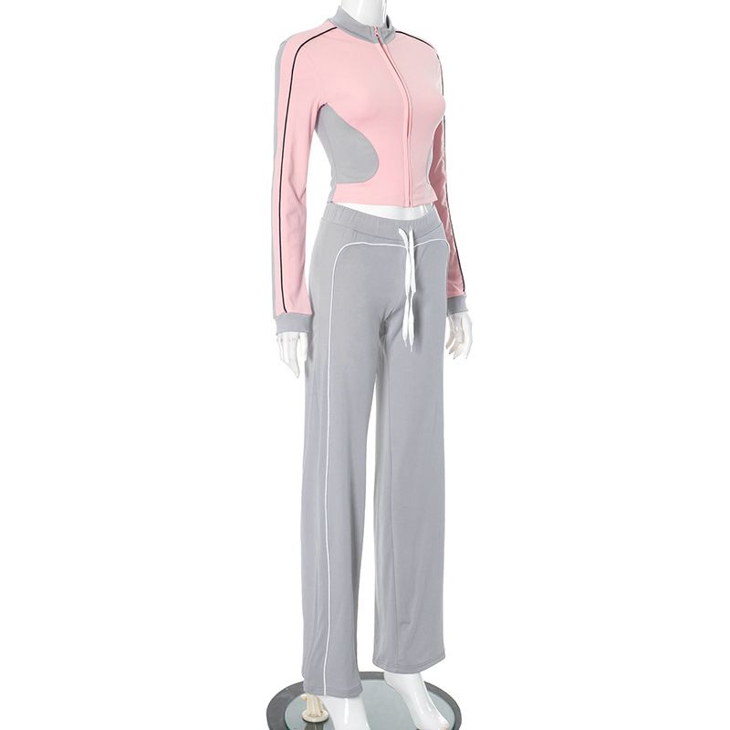 Abbigliamento da donna, linea autunno e inverno, pantaloni a vita alta con elastico in corda, senza colletto, con cerniera, in colori a contrasto_voghion.com