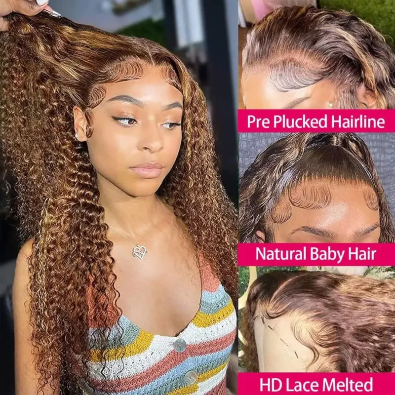 Peluca de cabello humano con ondas profundas y color marrón resaltado, peluca frontal de encaje, pelucas Remy de color rubio miel prearrancadas para mujeres_voghion.com