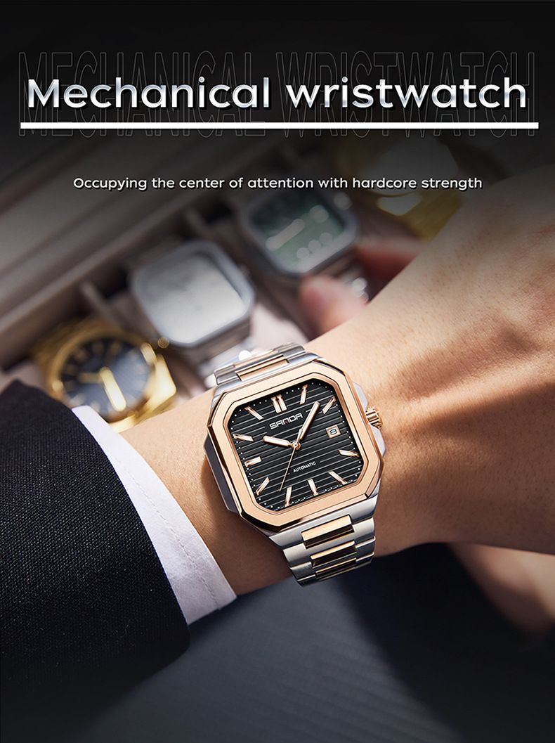 Klasyczny męski kwadratowy zegarek mechaniczny ze świecącymi wskazówkami i funkcją daty, pasek ze stali nierdzewnej, wodoodporność, idealny do noszenia w pracy i na co dzień_voghion.com