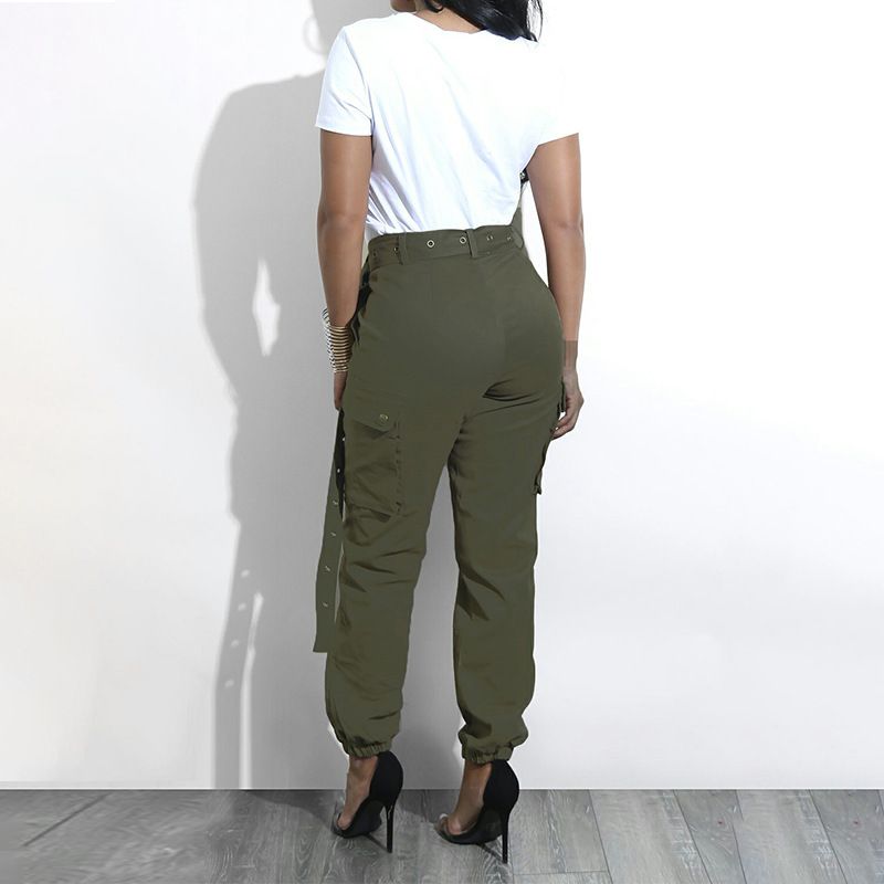 Zweiteiliges Damen-Set mit Leinenstruktur, Gürtel, hüftbedeckender schmaler Hose und einfarbiger Neun-Punkt-Hose_voghion.com