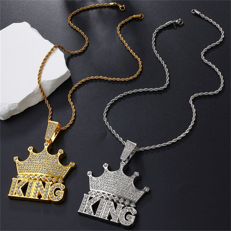 Full Diamond Crown Letter King Necklace Accessory Hip Hop Rap Street Dance Cool Pendant Jewelry_voghion.com