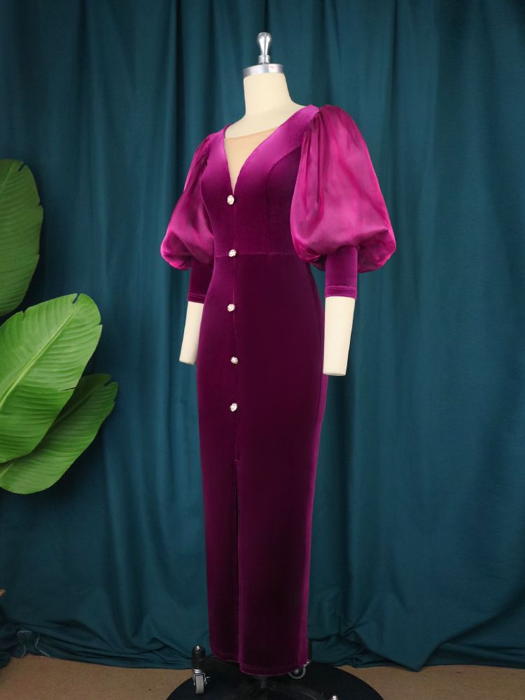 Női ruházat Plus size lámpás ujjú hasított ruha Új őszi világos, érett stílusú V-nyakú ruha vintage ruha_voghion.com