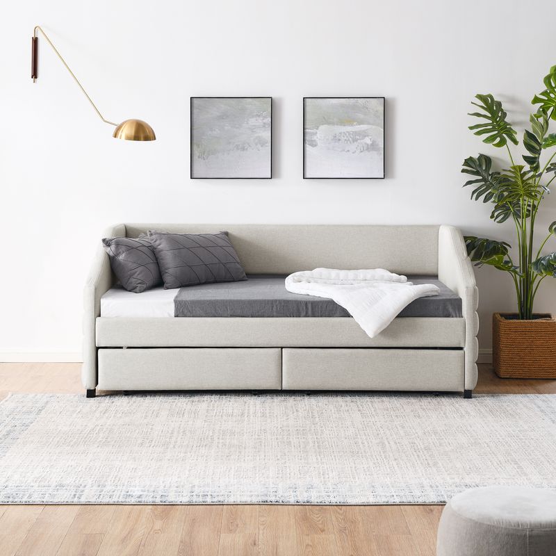 Twin Size Daybed with Two Drawers Trundle Upholstered Tufted Sofa Bed, Linen Fabric, Beige (82.5"x42.5"x34")_voghion.com