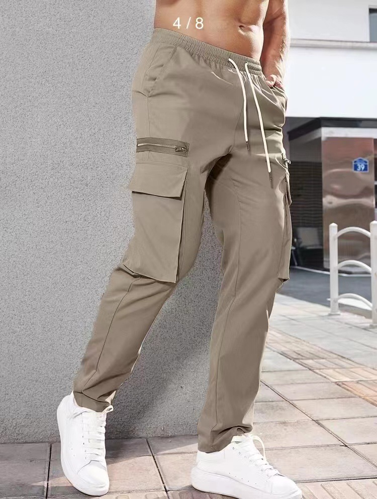 Ropa de hombre, pantalones cargo decorados con cremallera deportiva informal, pantalones con cordón en la cintura para hombres_voghion.com