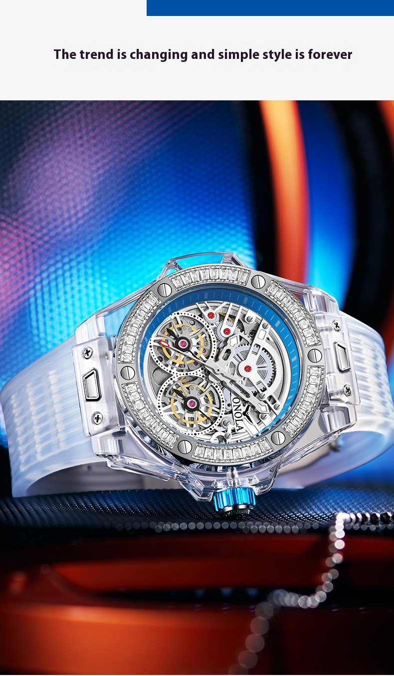 Fashionable Transparent Case New ONOLA/Orona Diamond Set Fully Automatic Mechanical Watch Men's Waterproof Tape_voghion.com