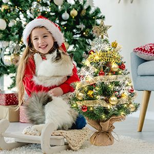 Tabletop Mini Artificial Christmas Tree With LED Lights, Star Topper, And Hanging Ornaments - 24 Inch Small Christmas Tree For Holiday DIY Decorations_voghion.com