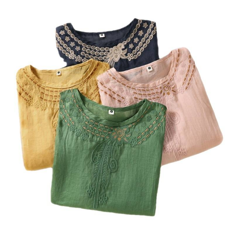 Skjortor i bomull och linne med 100-count för kvinnor, konstnärligt handbroderade rundhalsade t-shirts med temperament_voghion.com