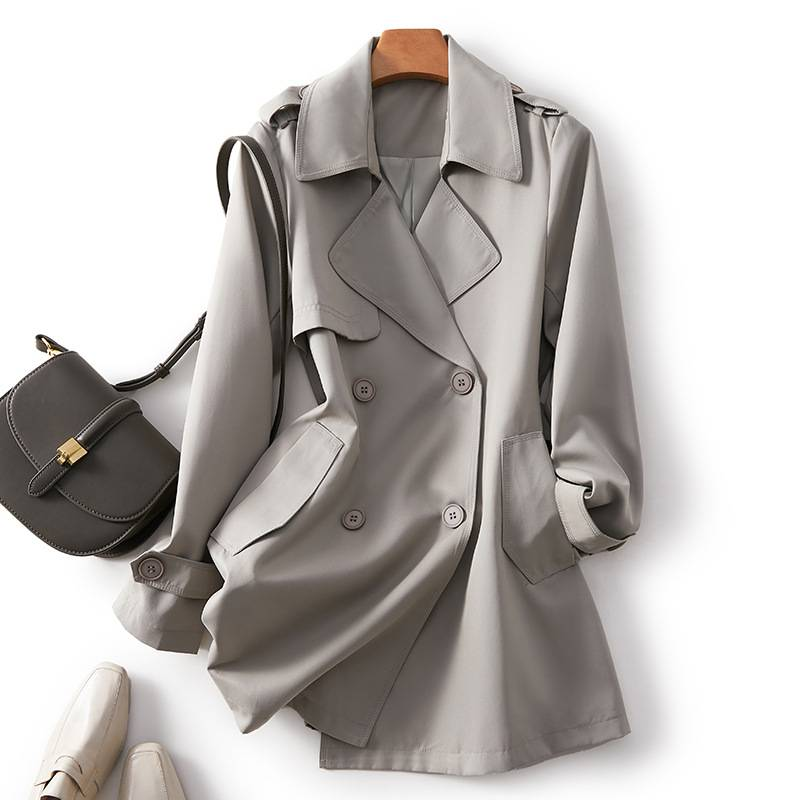 Abbigliamento femminile Trench doppiopetto di media lunghezza 2023 trench autunno a maniche lunghe con risvolto con cintura e spacco posteriore per le donne 8453_voghion.com