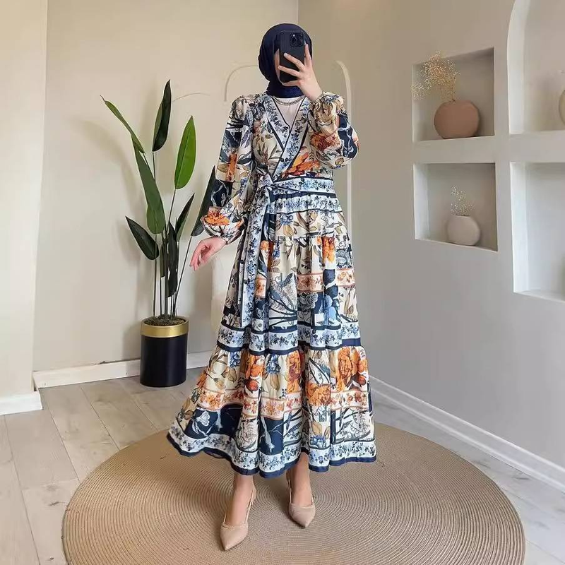 Women’s Clothing Autumn New Women's Fashion Printed V Neck Tie Waist Long Sleeved Dress_voghion.com