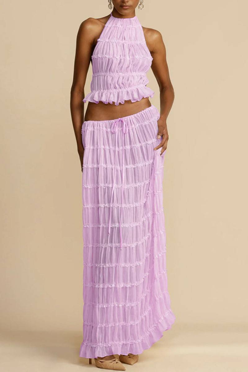 Women's Sexy Backless Halter Neck Lace Trim Long Dress Set – Floral Print Chiffon Maxi Dress For Party, Dating & Casual Wear_voghion.com