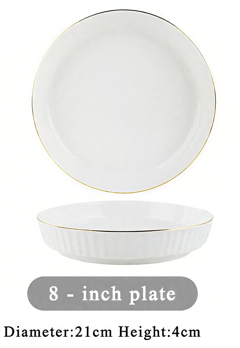8inch Of 6 Pieces Ceramic Home Dinnerware Stylish Nordic-Inspired Plates With Gold Rim, High-Value Ins Style, Perfect For Rice & Soup, New Arrival_voghion.com