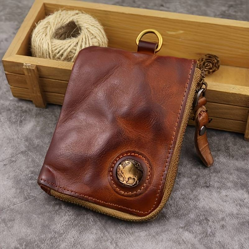 Wallet, Vintage Vegetable Tanned Leather, Distressed Wallet, Zipper Wallet, Key Holder, Card Holder_voghion.com