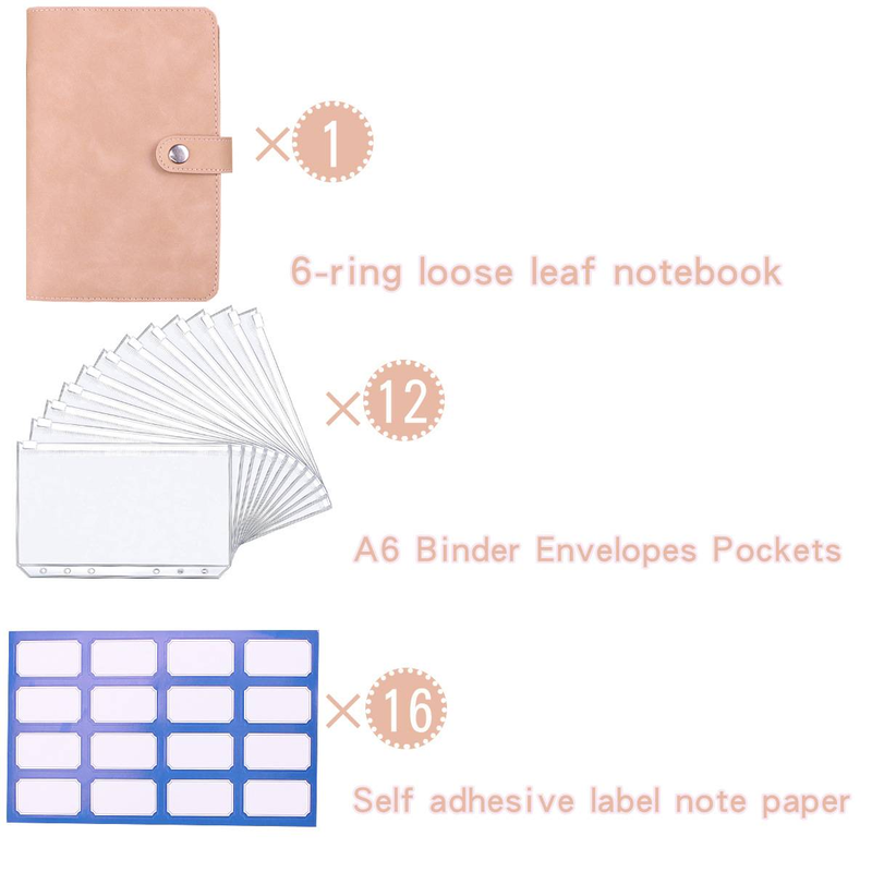 Caderno A6 de couro PU com mecanismo de 6 argolas, inclui 12 bolsos com zíper e 16 adesivos – perfeito para orçamento, diário e organização_voghion.com