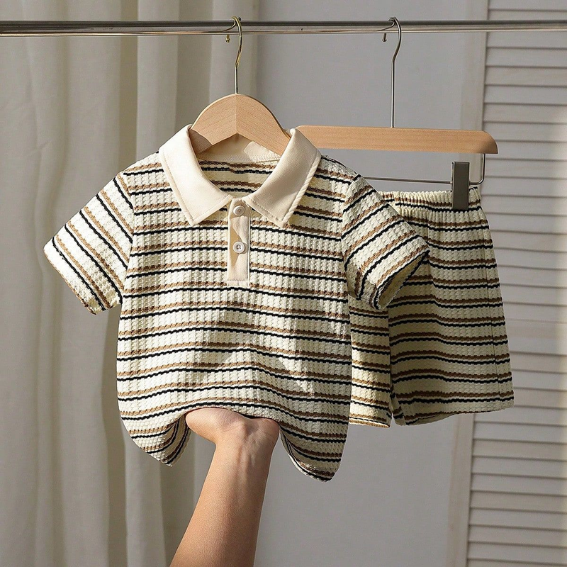 Completo di pantaloncini in maglia a righe testurizzate per bambini - Completo estivo 2 pezzi (4-7 anni, 100-130 cm)_voghion.com