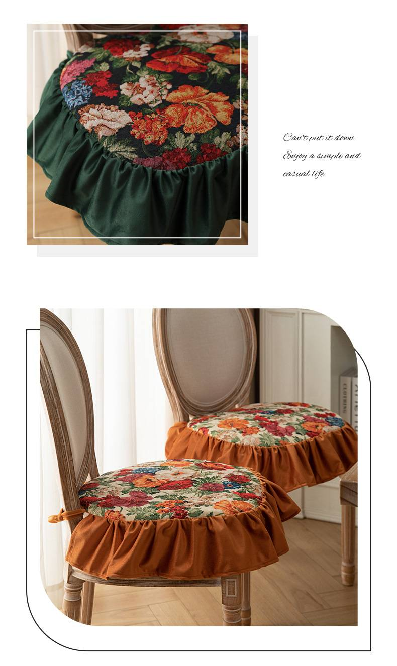 Abnehmbares französisches Vintage-Stuhlkissen mit Blumenmuster – waschbares Sitzpolster aus Polyester mit Rüschen und rutschfesten Bändern (Füllung aus harter Baumwolle, Cottagecore-Dekor)_voghion.com