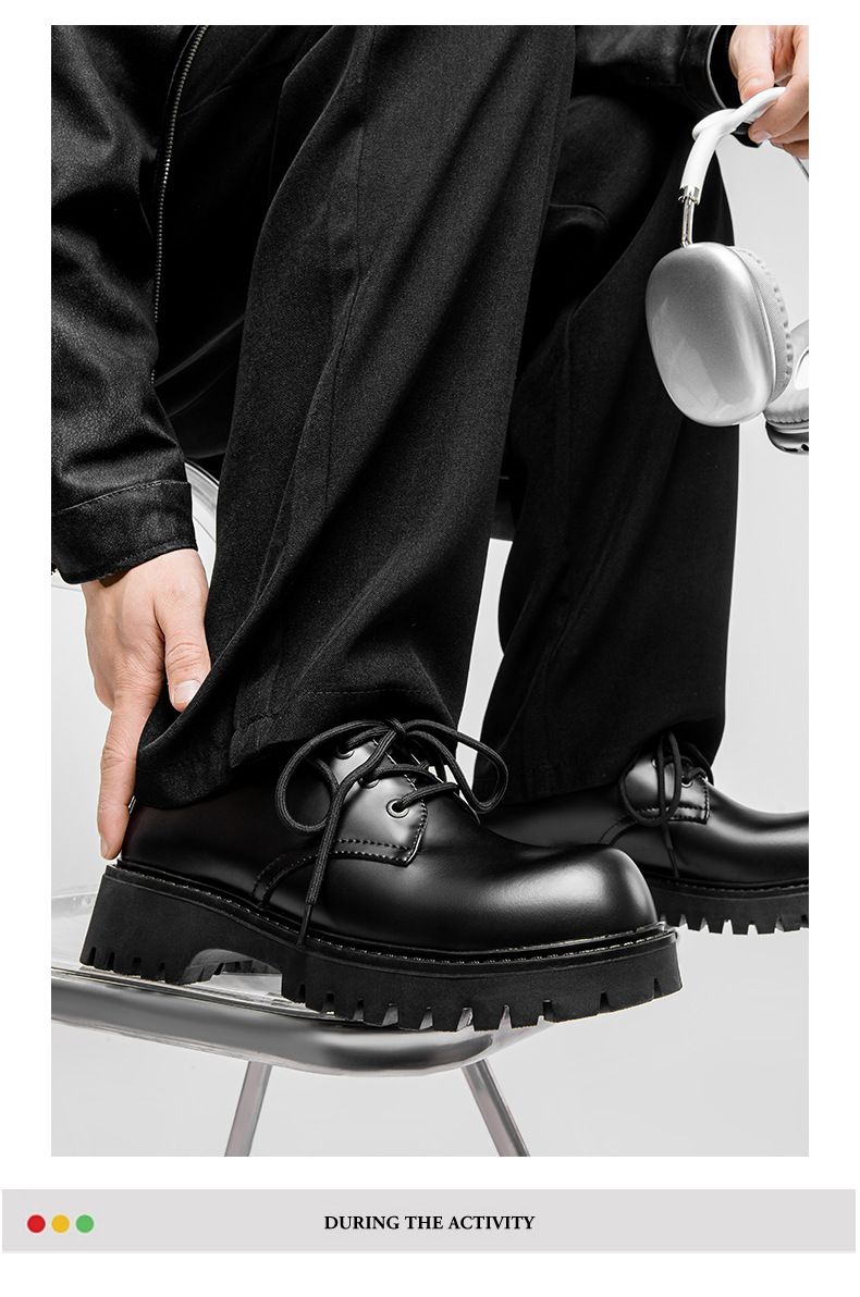 Derby Schuhe Herren Paris Mickey Rundkopf Big Head Casual Lederschuhe Plateauhöhe Schwarz Matt_voghion.com