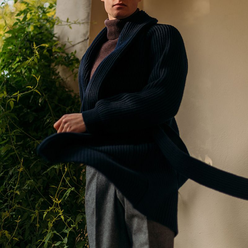 Men's Casual Knit Sweater Jacket – Mid-Length Tie Design, Autumn & Winter Fashion, Soft & Stylish (Dark Brown, Dark Blue)_voghion.com