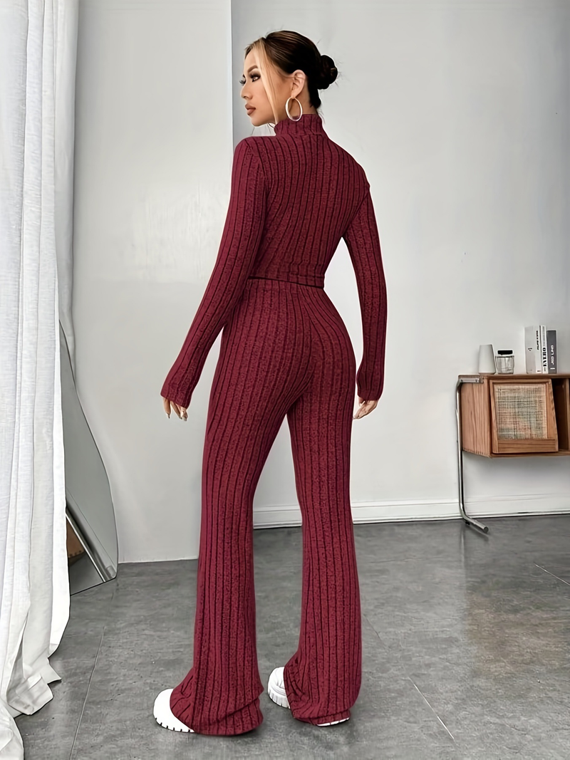 Women's tight fashion solid color pit strip set long sleeve sweater base_voghion.com